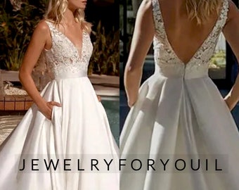 Custom Made Soft Satin A-line Wedding Dresses Insertable Pocket V-Neck Sleeveless Floor Length Bridal Dress