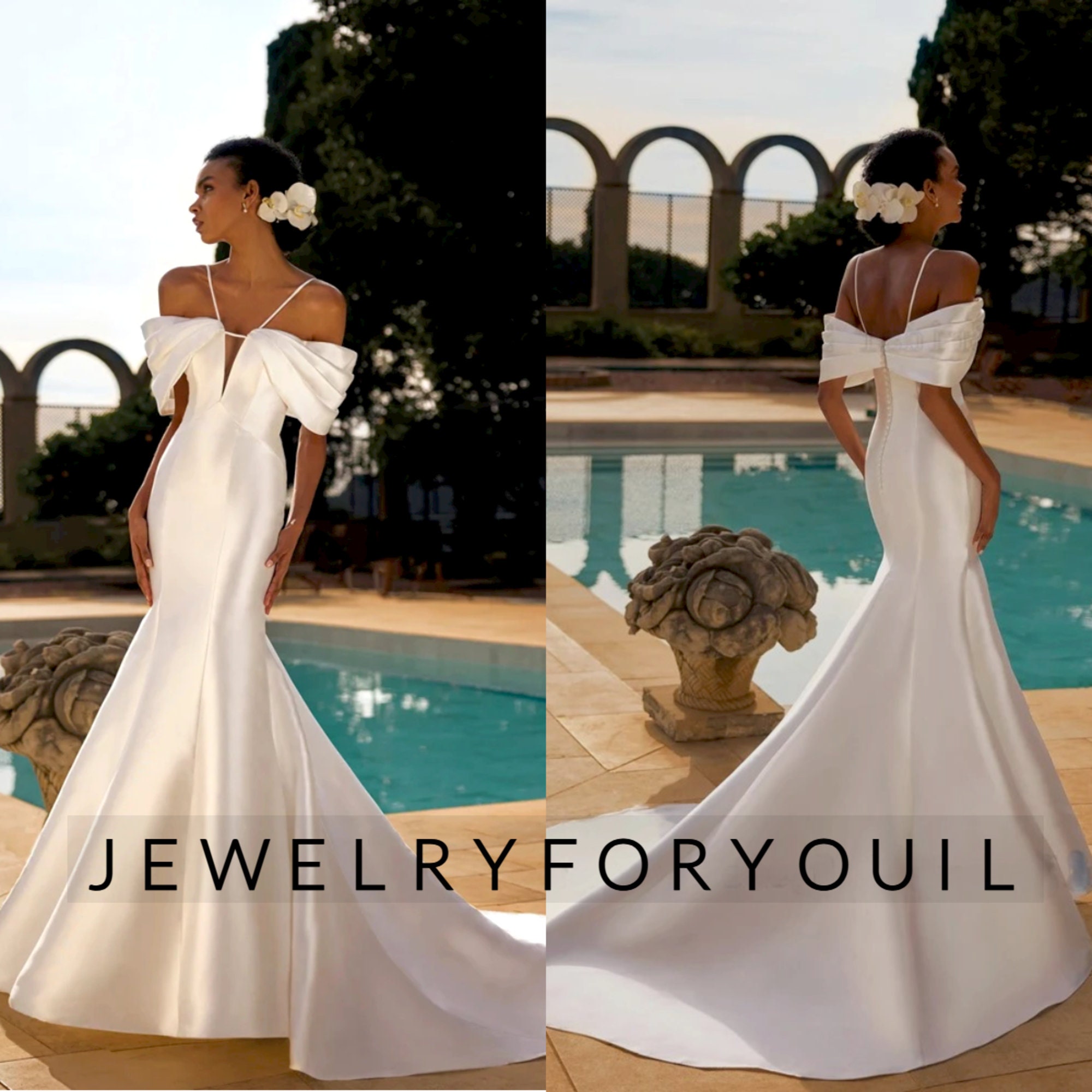 Unique Mermaid Off The Shoulder Pleats Short Sleeves Satin Wedding Dresses