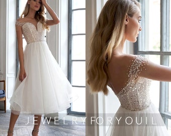 Sleeveless Off Shoulder Beach Strapless Wedding Dresses Sequined Summer Tulle Mid-Calf Floor-Length Bridal Gowns