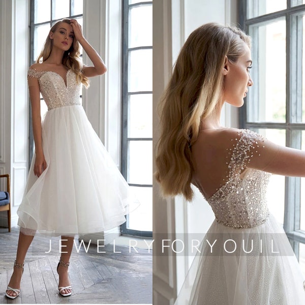 Sleeveless Off Shoulder Beach Strapless Wedding Dresses Sequined Summer Tulle Mid-Calf Floor-Length Bridal Gowns