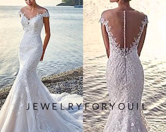 Elegant Mermaid Wedding Dress Off-Shoulder Lace Appliques Sexy V-neck Backless Long Bridal Dress Plus Size Custom Made