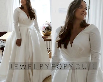 Simple Plus Size Elegant Wedding Dresses Long Sleeve A-Line Bridal Dress V-Neck Women Wedding Ceremony Party Gowns