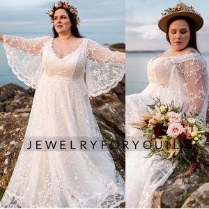 Magnifique robe de mariée grande taille avec manches longues longueur au sol train tribunal charmantes robes de mariée à col en V