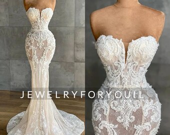 Sweetheart Strapless Sleeveless Appliques Wedding Dress Luxury Crystals Beaded Mermaid Floor-Length Lace Bridal Dress