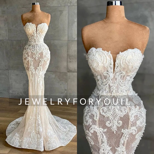 Sweetheart Strapless Sleeveless Appliques Wedding Dress Luxury Crystals Beaded Mermaid Floor-Length Lace Bridal Dress