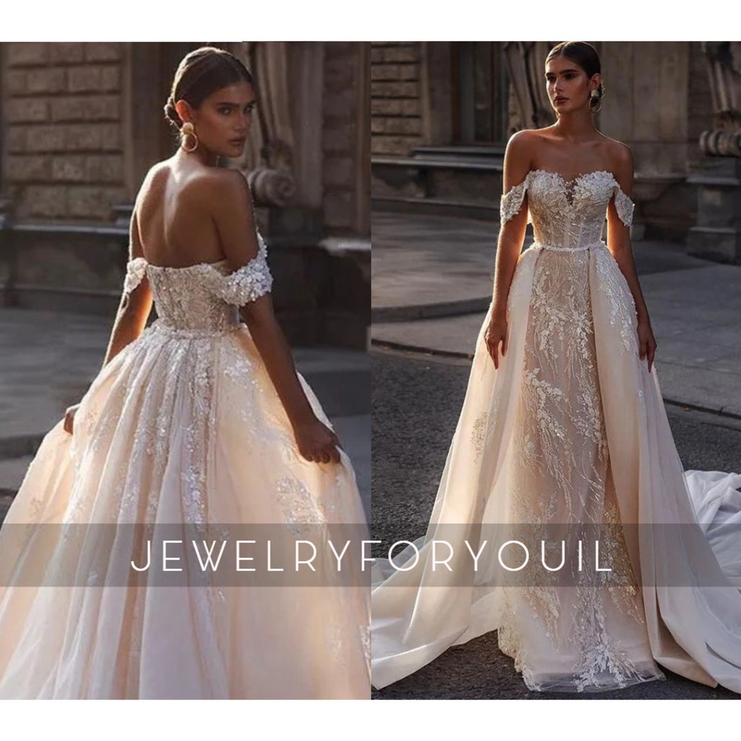Elegant Ivory Bridal Gown With Sequin Lace Appliques and Detachable ...