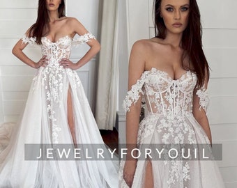 Off The Shoulder Boho Wedding Dress A-Line Bridal Gowns Lace Appliques Tulle Backless Sweep Train Custom Made