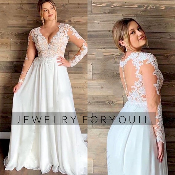 Long Sleeves Chiffon V-neck 3D Lace Appliques A-line Wedding Dress Long Sleeves Chiffon V-neck 3D Lace Appliques A-line Wedding Dress