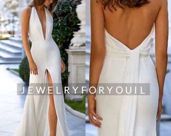 Satin Sleeveless Backless V-Neck Wedding Dress Halter High Split Mermaid Sweep Train Floor-Length Beach Bridal Gown