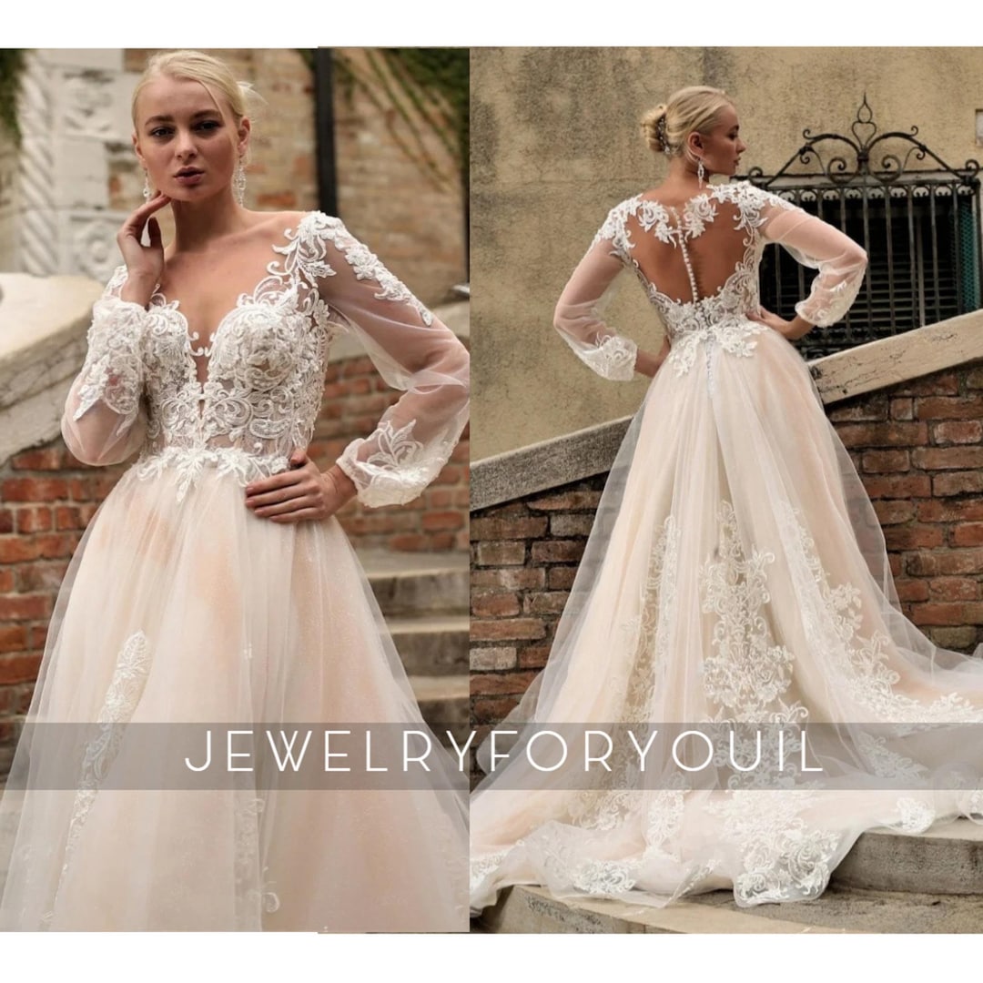 A-Line Wedding Dress Illusion Long Sleeve Chapel Bateau Floral Lace Bridal Gown