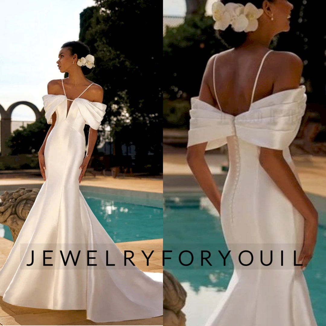 Chic Mermaid Off the Shoulder White Satin Wedding Dresses with Detachable Train VK25102206 main image 0