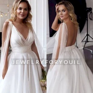 Simple Tulle Backless Beach Wedding Dresses V-Neck Pleats A-Line Plus Size Wedding Gowns Princess Bride Dress Custom Made zdjęcie 3