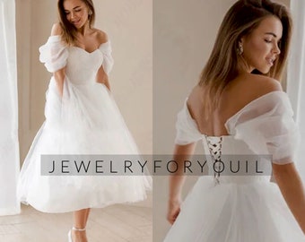 Off Shoulder Short Tulle Princess Wedding Dress Sweetheart Tea Length Lace Up Back Civil Bridal Gowns Custom Made