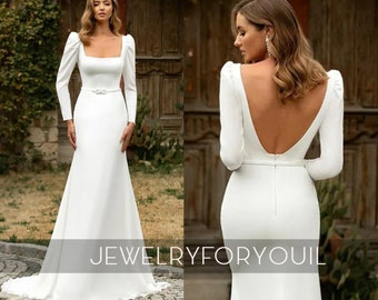 Stunning Modern Country Mermaid Wedding Dress Square Collar, Long Sleeves, Backless Elastic Satin Bridal Gown with Belt