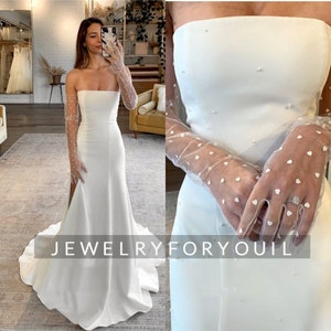 Custom Made Mermaid Strapless Sweep Simple Stretch Satin Pearls Wedding Dresses A-Line Floor-Length Lace Bridal Gown