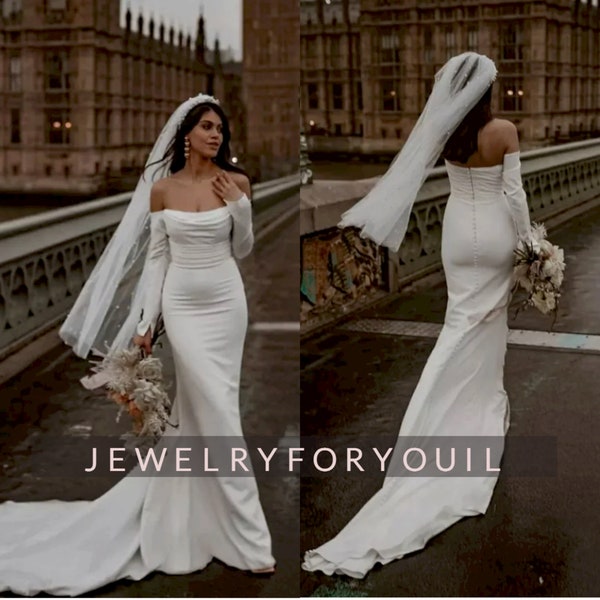 Custom Made Elegant Satin Off Shoulder Long Sleeve Wedding Dress with Long Train Mermaid Bridal Wedding Gowns