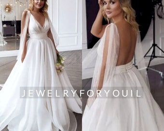 Simple Tulle Backless Beach Wedding Dresses V-Neck Pleats A-Line Plus Size Wedding Gowns Princess Bride Dress Custom Made