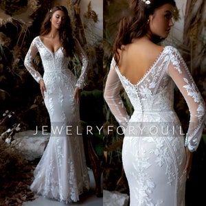 Custom Made Applique Mermaid V-Neck Lace Wedding Dress Elegant Floor-Length Long Sleeves Backless Tulle Bridal Gown