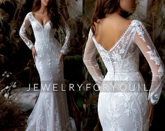 Custom Made Applique Mermaid V-Neck Lace Wedding Dress Elegant Floor-Length Long Sleeves Backless Tulle Bridal Gown