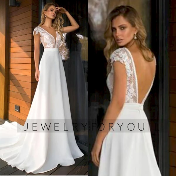 Plus size Elegant Satin V-neck A-line Wedding Dresses Boho Bridal Gowns Backless Scalloped Neckline Appliques Bridal Dress