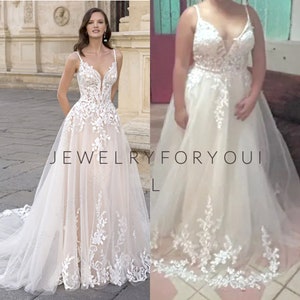 Custom Made Spaghetti Straps Appliques Wedding Dresses Tulle A-line Lace with Sweep Train Floor-Length Bridal Gown zdjęcie 2