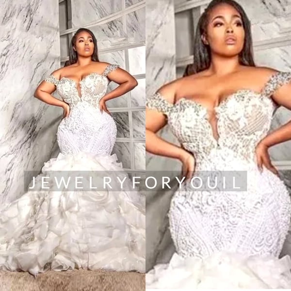 Crystals Beaded Plus Size Luxury Mermaid Wedding Dress with Ruffle Train Lace Appliques  Bridal Gowns Custom Made