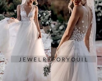 Boho Custom Made Wedding Dress Floor-Length Sleeveless Tulle V-Neck Long Beach Open Back White Bridal Dress Plus Size