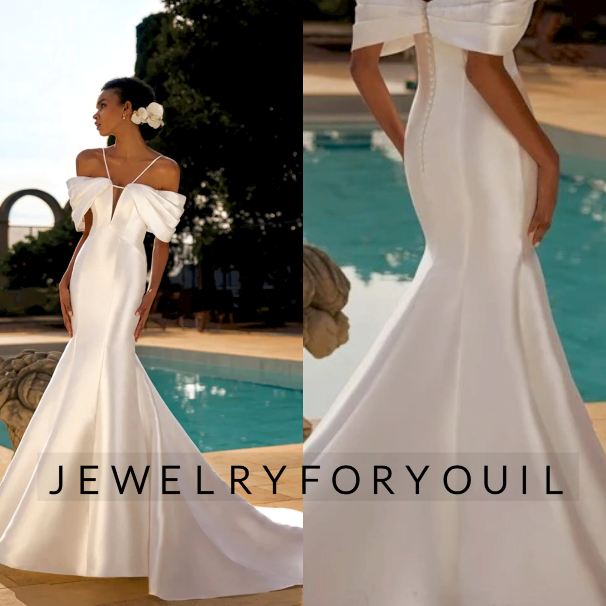 Ivory Mermaid Off the Shoulder Wedding Dress Satin Corset Bridal Dress with Sweep Train