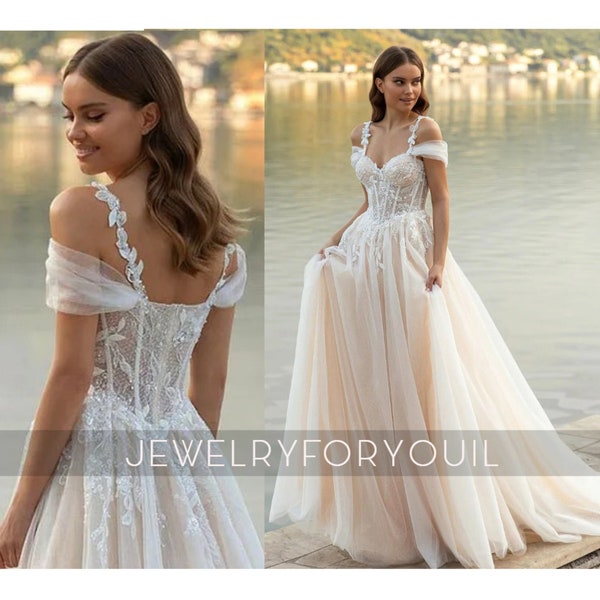 Custom Beach Fairy Wedding Dress Lace Appliques, Off-Shoulder Sweetheart, Corset Princess Gown