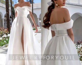 Off The Shoulder Backless Simple Satin Bridal Gowns Elegant Sweetheart A-Line Wedding Dresses High Side Split Custom Made