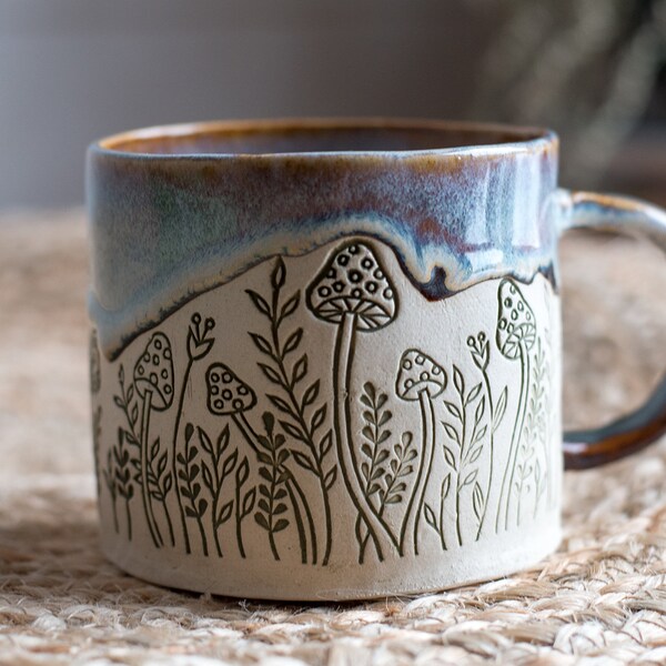 Tundra Forest Mushroom Mug- small batch, hand made pottery slab mug | blue mushroom fairy core mug