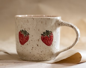 Berry Sweet Mug - 10oz - Strawberry Slab Mug, Handmade Stoneware Ceramic Mug