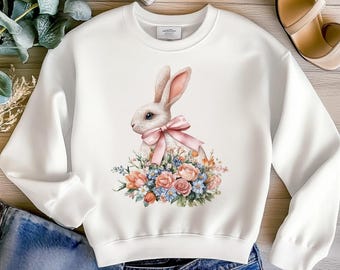 Bunny Easter Coquette Png, Watercolour Floral Easter Bunny Png, Easter Shirt, Easter Coquette Bow png, Girly Easter Png, Spring shirt design
