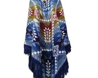 Kapuzenponcho aus Alpaka-Mischgewebe, türkisfarbenes geometrisches Muster, Fransen, handgefertigt in Peru, Einheitsgröße