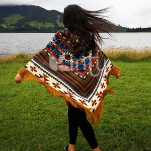 Native alpaca poncho, blue unisex poncho, native poncho, blue indian poncho, american tribal style poncho,american boho poncho,alpaca poncho Brązowy