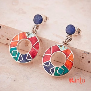 950 Silver Inca Geometric Earrings with Semi-Precious Stone Inlays – Handmade Peruvian Jewelry, Perfect Gift