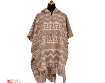 May include: A brown alpaca wool poncho with a geometric pattern and a hood. The poncho has fringe around the edges.