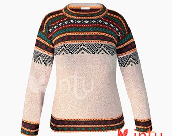 May include: A cream-colored alpaca sweater with a colorful geometric pattern around the neck and hem. The pattern features black, brown, orange, teal, and red colors. The sweater is made by "intu alpaca".