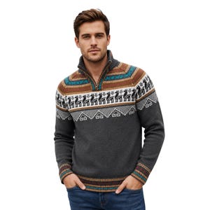 May include: A charcoal gray quarter-zip sweater featuring a horizontal band across the chest and shoulders with a repeating pattern of black llamas, white geometric shapes, and brown and teal stripes. The cuffs and hem feature matching striped trim.