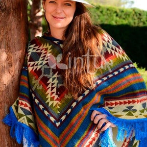 Native alpaca poncho, blue unisex poncho, native poncho, blue indian poncho, american tribal style poncho,american boho poncho,alpaca poncho zdjęcie 8