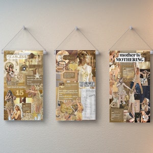 May include: Three wall hangings with a collage design in shades of gold and beige. The first features the word "FEARLESS" and the number "15". The second has "TAYLOR SWIFT THE ERAS TOUR" text. The third says "mother is MOTHERING".