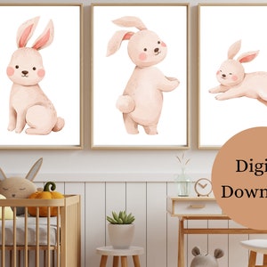 Bunny Wall Art Set Nursery Decor | Set of 3 Printable Bunny Prints for Baby&#39;s Room | Instant Download | Woodland Animals Art for bedroom