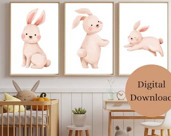 Bunny Wall Art Set Nursery Decor | Set of 3 Printable Bunny Prints for Baby's Room | Instant Download | Woodland Animals Art for bedroom