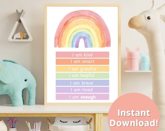 May include: A printable poster featuring a rainbow and the text "I am kind, I am smart, I am grateful, I am helpful, I am brave, I am loved, I am enough".