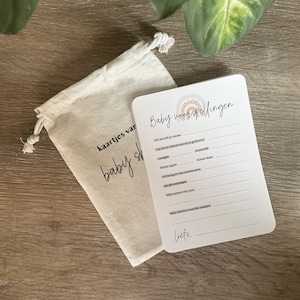 COMBI - 20x invulkaarten baby shower met katoenen bewaarzakje - voor het bewaren van babyspulletjes