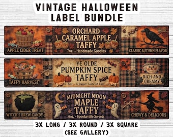 Primitive Halloween Candy Box Label Bundle, Printable Rustic Fall Tin Wrap, Vintage Autumn Craft