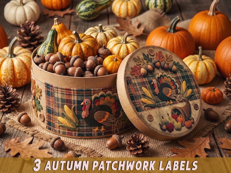 May include: A round cardboard box decorated with fabric patchwork featuring turkeys, corn, and autumn leaves, filled with acorns and small pumpkins. The lid displays a turkey and cornucopia design. The text 3 AUTUMN PATCHWORK LABELS is visible.