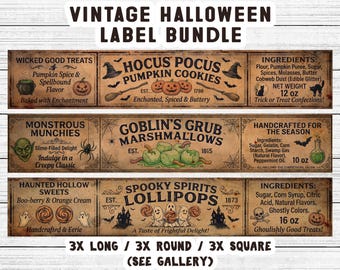 Vintage Halloween Cookie Box Labels, Printable Candy Tin Stickers, Spooky Pantry Decor, Bakery Packaging