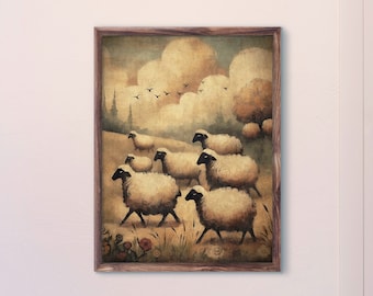 Vintage Sheep Print, Pastoral Farmhouse Wall Art, Nursery Animal Decor, Rustic Country Meadow Illustration