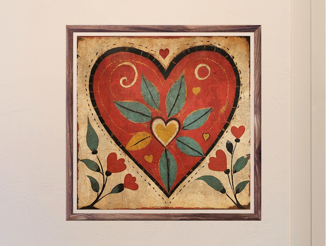 Floral Heart Folk Art Print: Vintage Primitive Home Decor (digital